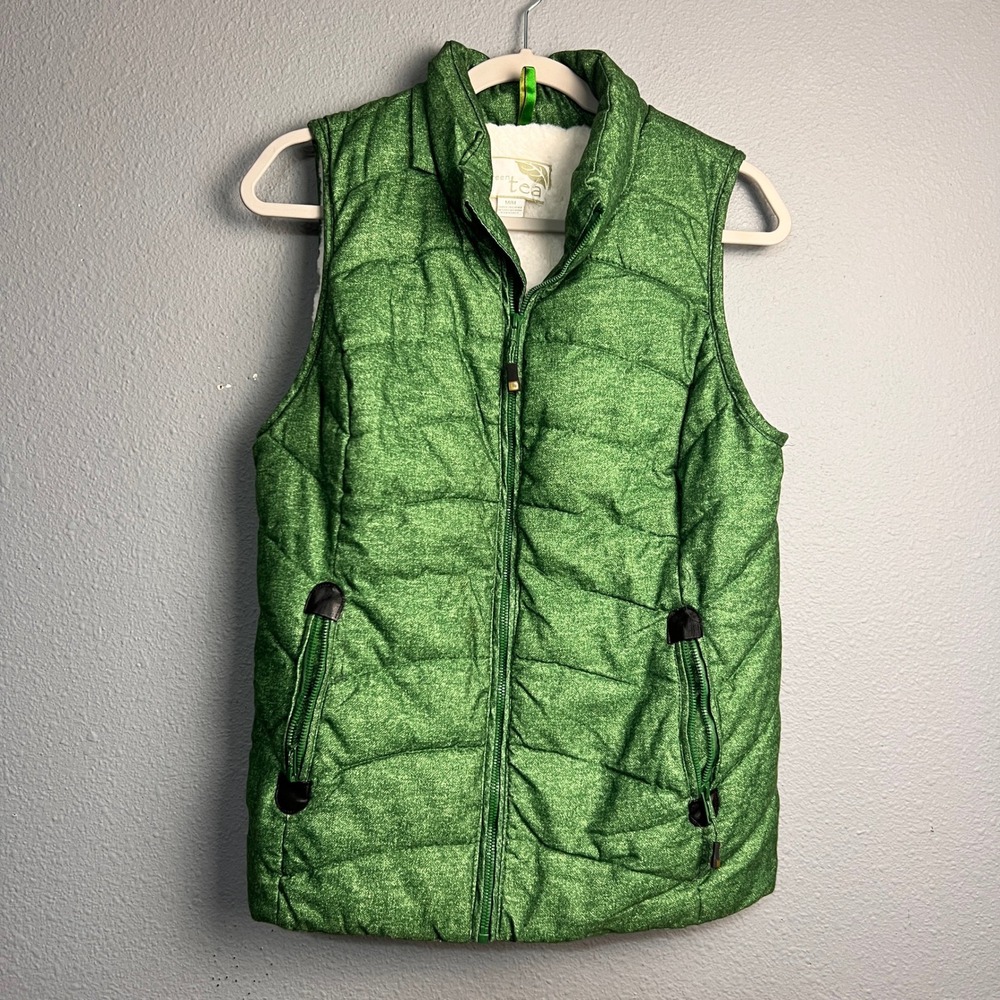 Green Tea Med Womens Green Heathered Quilted Faux Fur Lined Puffer Vest Gorpcore